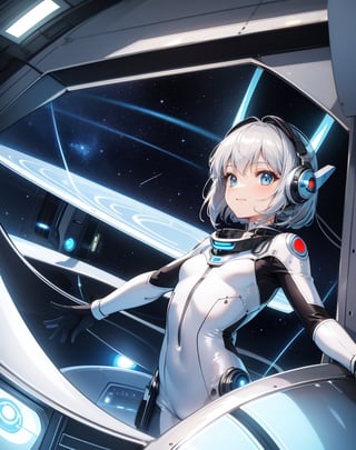 Masterpiece, Top Quality, High Definition, Artistic Composition,1 girl, silver pilot suit, on small saucer shaped UFO, smiling, looking away, retro-futuristic, cartoon, flying, from below, backlit, wide shot, glowing UFO