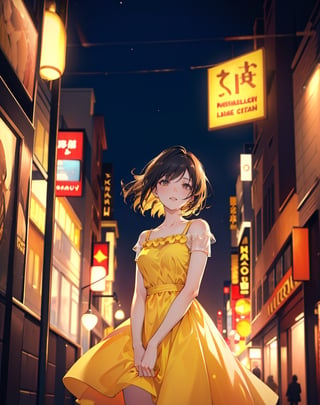 Masterpiece, top quality, high definition, artistic composition, cartoon, one woman, bad wife, yellow dress, night town, downtown, blurred background, smiling, looking up, looking away, dramatic