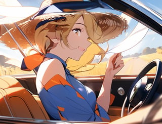 Masterpiece, top quality,khange, 1 girl, squinting and smiling, blonde hair, bright blue dress, straw hat, convertible top car, sitting in passenger seat, hand holding hat, hair blowing in wind, high definition, wide shot, portrait, graceful, from side
