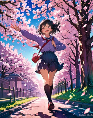  masterpiece, top quality, high quality, artistic composition, 1 girl, elementary school student, school bag, schoolbag, energetic, handbag, lively, smiling with mouth open, running at full speed, cherry tree, cherry blossoms in full bloom, petals dancing, looking away, nice weather, warm light, portrait, bold composition, age 8,<lora:659111690174031528:1.0>