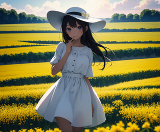 (masterpiece, top quality), 1 girl, high definition, artistic composition, portrait, field of rape blossoms, woman in white dress, wide-brimmed hat, hands clasped behind body, open-mouthed smile, spinning, posing, looking at you, wide shot, bending forward, mature, dusk, striking sky,breakdomain,<lora:659111690174031528:1.0>