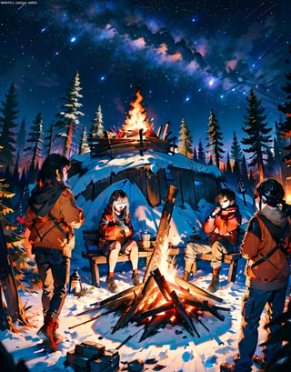 Masterpiece, top quality, high definition, artistic composition, realistic, several girls around one bonfire, (small bonfire), camping, fun, starry sky, nature