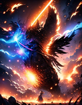Masterpiece, top quality, high definition, artistic composition, 1 woman, wizard, standing, holding magic wand, shouting, cowboy shot, powerful composition, magic circle, huge fire dragon behind, summoning, fire sparks, backlit, fantasy, dramatic,