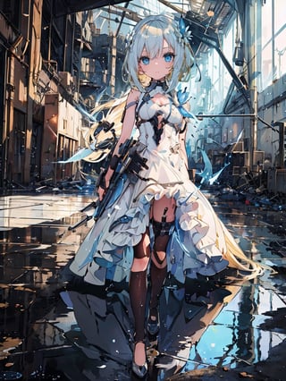 masterpiece, top quality, 1 girl, white battle dress, blonde hair, blue eyes, holding a weapon, inside a huge devastated factory , nothing on the floor, water on the floor, high definition, photo-like background, science fiction,best quality