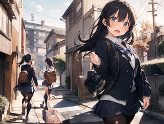 Keywords : masterpiece, best quality, 1 girl, sad, running hard, open mouth, blazer, school uniform, school uniform, school bag, pantyhose, japan, evening, school route, from side, school route, cowboy shot, high definition, rushing, dramatic light, beautiful scenery, looking away,breakdomain