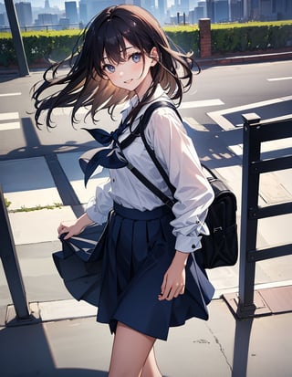 Masterpiece, Top quality, High definition, Artistic composition, 1 girl, close-up of face, from above, smiling, opening thin eyes, khaki cotton shirt, long navy blue skirt, park, portrait, dark hair, walking, looking away, from side