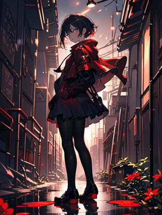 Masterpiece, Top Quality, 1 girl, short hair, red coat, red cape, black shirt, white skirt, beige bag, black pantyhose, hands in pockets, blue eyes, dirty Japanese back alley, dark sky, dark street lamp, wet ground, scary atmosphere, high definition, composition from below, drizzle, red flowers in bloom, wide angle, focus on feet, unstable, messy picture, backlight, shadow behind,masterpiece,<lora:659111690174031528:1.0>