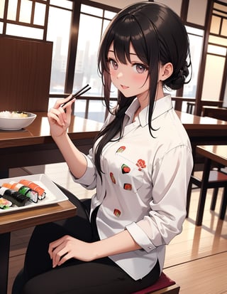Masterpiece, Top quality, High definition, Artistic composition, One girl, eating sushi, smiling, blushing cheeks, girlish gesture, monotone printed shirt, black pants, sitting, Chinese sushi restaurant, casual,girl