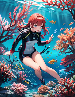 Masterpiece, top quality, high definition, artistic composition, 1 girl, scuba diving, diving, south sea, coral reef, colorful fish, bold composition, striking light, high contrast, underwater,girl