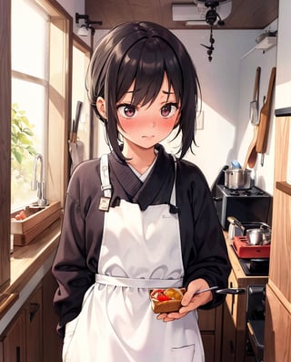 Masterpiece, Top Quality, High Definition, Artistic Composition, 1 girl, Embarrassed, Offering breakfast, Blushing, Apron, Japanese kitchen, Sweatshirt, Hair tucked back, Looking away, Morning, Portrait, Warm, 1960s