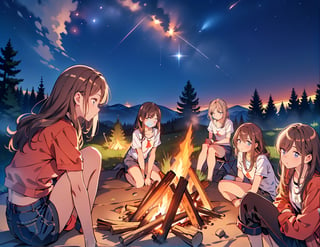 Masterpiece, top quality, high definition, artistic composition, realistic, several girls around one bonfire, (small bonfire), camping, fun, starry sky, nature