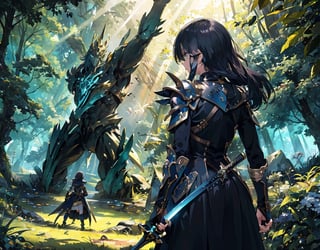 Masterpiece, top quality, high definition, artistic composition, 1 girl, fantasy, back view, female swordsman, holding sword, action pose, fighting giant humanoid monster, in forest, light shining through, wide shot,best quality