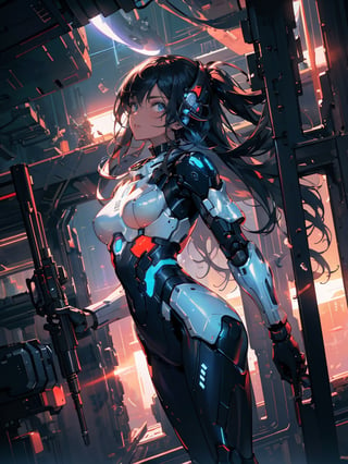 masterpiece, best quality,1 female, weightless, floating, mechanical armor, sexy, gun in hand, spaceship factory in space, space view from inside, dark background, no earth, photo, futuristic, high definition, looking up, artistic composition, dutch angle, science fiction, cyberpunk