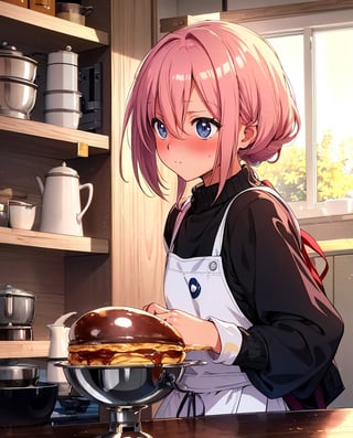 Masterpiece, Top Quality, High Definition, Artistic Composition, 1 girl, Embarrassed, Offering breakfast, Blushing, Apron, Japanese kitchen, Sweatshirt, Hair tucked back, Looking away, Morning, Portrait, Warm, 1960s,breakdomain