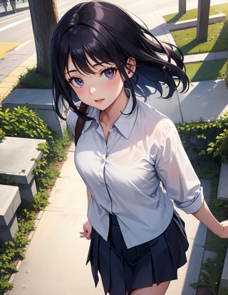 Masterpiece, Top Quality, High Definition, Artistic Composition, 1 girl, close-up of face, from above, smiling, opening thin eyes, khaki cotton shirt, long navy blue skirt, park, portrait, dark hair, walking, looking away