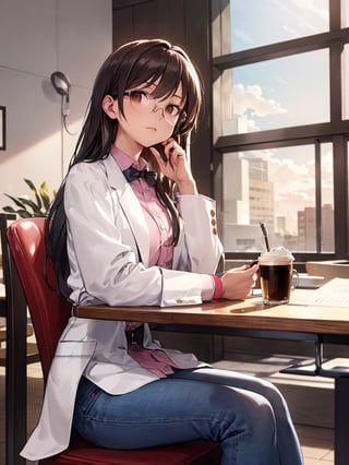 Masterpiece, top quality,khange, 1 woman, relaxing, doctor, lab coat, glasses, jeans, sitting at table, (staring at papers), coffee, bright atmosphere, hospital cafe terrace, high definition, wide shot, drama scene, graceful, from front, mature, dramatic light, cowboy shot