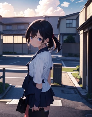  masterpiece, top quality, high definition, artistic composition, 1 girl, sailor uniform, school uniform, japan, school uniform, worried, bust shot, reaching out, backlit, striking sky color, crouching, peeking, japanese cityscape, from front,<lora:659111690174031528:1.0>