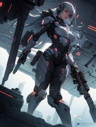 masterpiece, best quality,1 female, weightless, floating, mechanical armor, sexy, gun in hand, spaceship factory in space, space view from inside, dark background, no earth, photo, futuristic, high definition, looking up, artistic composition, dutch angle, science fiction, cyberpunk
