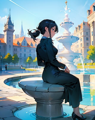 Masterpiece, top quality, high definition, artistic composition, animation, 1 girl, sitting, back view, park, close-up of fountain, shining water, blue sky, European cityscape, cobblestones, market, perspective, bold composition


,girl