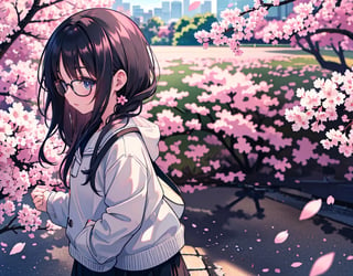  Masterpiece, top quality, high quality, artistic composition, one woman, childish, large dark rimmed glasses, plain dark hair, shy smile, (looking away), cute gesture, blush, side view composition, plain clothes, cherry blossom trees, full bloom, petals dancing, warm light, dramatic, POW, date, crowded, flirty eyes, cartoon, (looking down), upper body,<lora:659111690174031528:1.0>