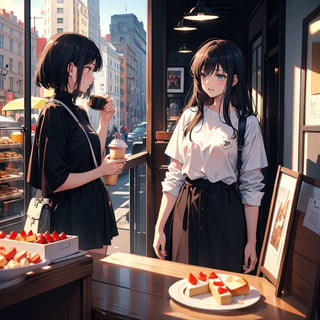 Masterpiece, Top quality, High definition, Artistic composition, Two girls, Friends, Coffee store, Eating shortcake, Smiling, Talking, Looking away, Retro store, Side view, Striking light, Portrait