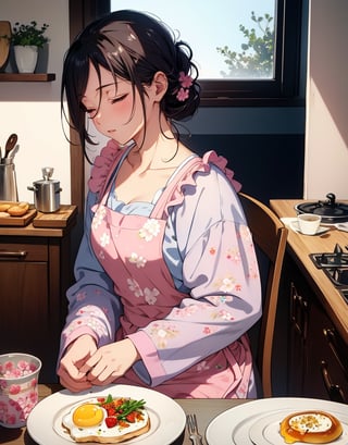 Masterpiece, Top Quality, High Definition, Artistic Composition, One mother, dark hair, hair tied back, pink floral apron, light blue loungewear, sitting in chair, sleeping with eyes closed, tired, breakfast ready on table, kitchen, sunlight, morning, from side, portrait, animation