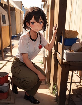masterpiece, top quality, high definition, artistic composition, 1 woman, red cross, medical staff, shirt, olive pants, busy working, displaced persons camp, short hair, tan, dramatic, film style, wide shot, dusty, hot sun, smiling, reaching out, stoop