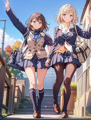 Masterpiece, best quality, 1 girl, smiling, right hand raised, greeting, blazer, school uniform, school uniform, school bag, pantyhose, Japan, morning, schoolbag, walking to school, walking with large thighs, full body, from below, artistic composition, refreshing, high definition, strong sunlight, white scarf