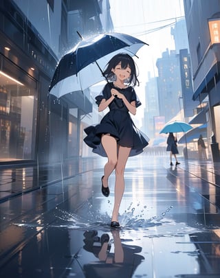 Masterpiece, Top Quality, High Definition, Artistic Composition,1 girl, umbrella, laughing with eyes closed, one leg raised in the air, feminine gesture, lively, lots of rain, city smoking with rain, puddle at foot, water splashing at foot, ivory colored landscape, wide shot, bold angle