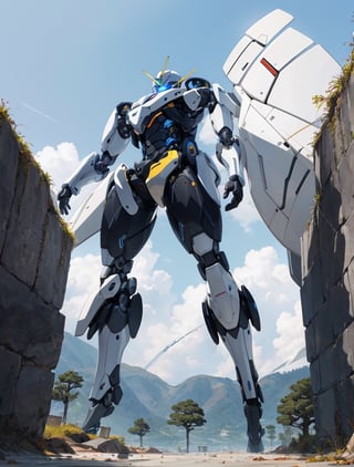 Masterpiece, Top quality, Large humanoid robot, High definition, Standing on the ground, Japanese animation, Small figure at feet, Human-like face, Composition from below, Action pose