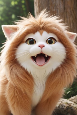 A close-up shot captures the adorable anime character, donning casual wear, as they strike an exaggerated pose. Their face contorts into a comical expression, with their eyes wide and tongue out. The 3D character's fur is visible, adding to their endearing nature. Framed by a minimalist background, the elongated shape of the character stands out against the simplicity. The overall aesthetic is reminiscent of classic cartoon styles, with bold lines and vibrant colors.