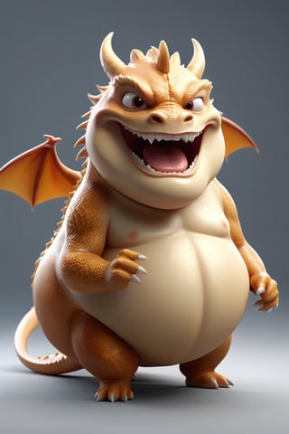 fat cute Evil Dragon with a belly, funny facial expressions, Exaggerated action, 3D character, a little hairy, elongated shape, cartoon style, minimalism,