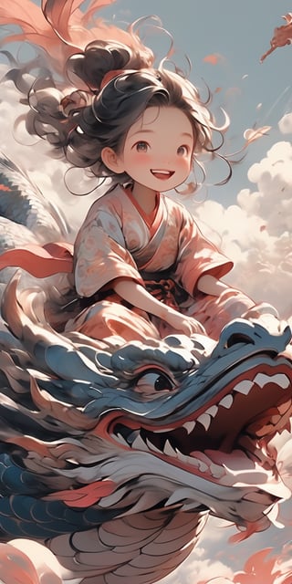 (young girl riding on top of a dragon while the dragon flies above the cloud, in the style of Loish), smiling and beautiful, kimono, laughing and having fun, (hair blowing in the wind, god rays), (heavenly and ethereal:1.3), More Detail XL, princess