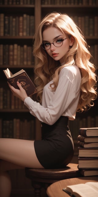 (score_9, score_8_up), score_7_up, side view, tiny, slender, beautiful librarian, sitting, posing, reading a book in the dark corner of the library, eye_glasses, extra long blonde wavy hair, (dark micro skirt:1.1), pov,