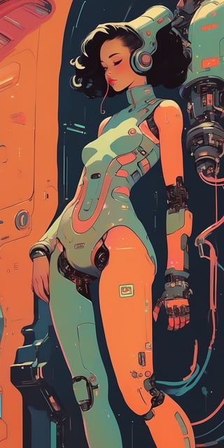 (by Loish, Leyendecker, James Gilleard), beautiful pinup gir, leaning back, anatomically_correct, (sexy and aesthetic), full body, (cybernetic, cyborg:0.3), 1970s theme and color pallete, retro futuristic, space ship interior background, cyberpunk, txznmec, more detail XL, , 