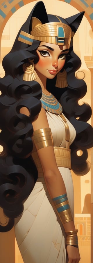 (by Loish, Leyendecker, James Gilleard), perfect anatomy, Elizabeth Taylor as Cleopatra, a beautiful catgirl in Ancient Egypt, circa 1st century BCE, (long curly black hair, (cat ears), freckles:1.2), smiling, playful, looped cat tail, extremely detailed, best lighting, More Detail XL,