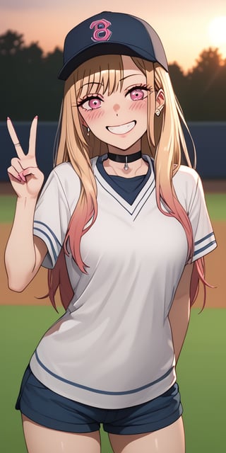 score_9, score_8_up, score_7_up, score_6_up BREAK Marin wearing a baseball uniform, shorts, baseball cap, looking at viewer, peace sign, super cute face, blush, smile, sunset,  Marin Kitagawa