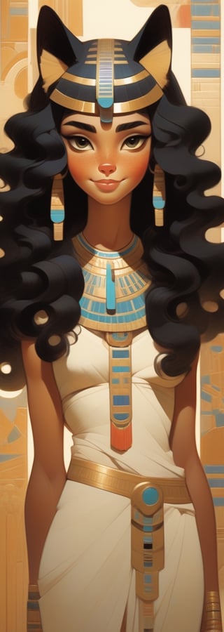 (by Loish, Leyendecker, James Gilleard), perfect anatomy, Cleopatra, a beautiful catgirl 'meow' in Ancient Egypt, circa 1st century BCE, (long curly black hair, (cat ears), nice ass, (freckles:1.2)), smiling, fun, playful, extremely detailed, More Detail XL,