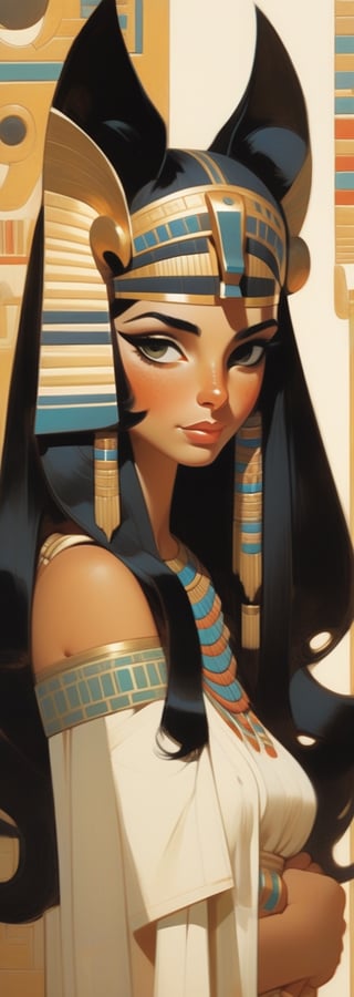 (by Loish, Leyendecker, James Gilleard), perfect anatomy, Elizabeth Taylor as Cleopatra, a beautiful catgirl in Ancient Egypt, circa 1st century BCE, (long black hair, (cat ears), freckles:1.2), smiling, fun, playful, extremely detailed, More Detail XL,