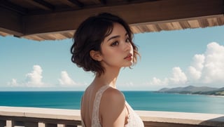 (hi-top fade:1.3), bright theme, soothing tones, muted colors, high contrast, (natural skin texture, hyperrealism, soft light, sharp), high angle panorama shot, upper body, a beautiful big-eyed woman, mixed Russian Asian girl, skinny and tall, very glossy skin, a back of the girl on balcony, warmth and comfort, visionary art, expressionism, delicate, beautiful, primordial, intricate, surreal, long wavy hair, playful girl, brown hair, Sharp round eyes, realistic, a serene atmosphere, real posture, beautiful sky, the beautiful sea, flowers on balcany, cinematic