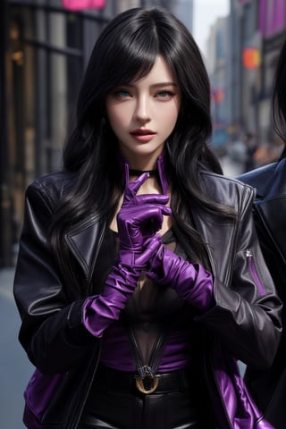 KafkaOutfit,SHIRT,black  jacket,Purple gloves,yelandef,1 girls,female_angent,jacket,black_hair,shiny skin,ultra detailed,perfect face, detailed face,full_body,wraist,detailed_background,fullbody,highquality,street,glasses