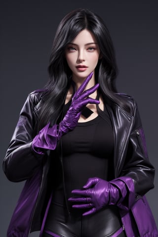 KafkaOutfit,SHIRT,black  jacket,Purple gloves,yelandef,1 girls,female_angent,jacket,black_hair,shiny skin,ultra detailed,perfect face, detailed face,full_body,wraist,detailed_background,fullbody,highquality