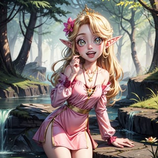 (elf ear, pointed ear), (light blonde hair, very long hair, hair bangs, plump lips, green eyes, yellow pupil), (FairyOutfit), (bare shoulder, pink dress, white princess, detected sleeve, gold trim, sparkling outfit, flower necklace, flower hair ornament), spring forest, pink flower, sun behind head, mist,(Flora), lotus, waterfall, (open mouth, cute pose, smile),ageha,star butterfly,charlie morningstar