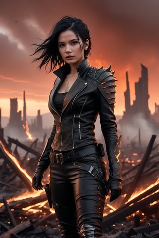 A stunning punk girl, her jet-black hair streaked with flames, donning black leather armor, creeps through the charred remains of a once-thriving metropolis. The crimson sky above casts an eerie glow on her determined face, her eyes fixed intently on the horizon as she stalks the desolate wasteland. Ashen ruins stretch out before her, smoldering embers and twisted metal debris scattered like skeletal fingers. The air is heavy with smoke and desperation.