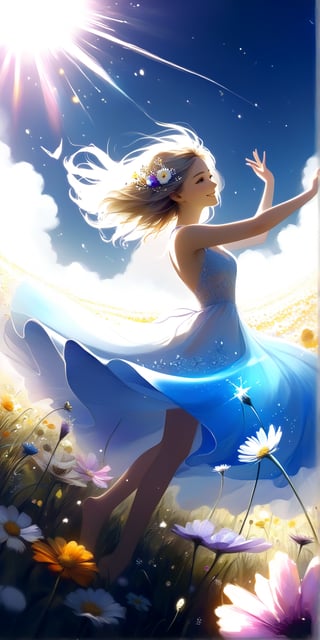 A vibrant, dreamlike scene: A young woman's radiant smile illuminates her entire face as she twirls barefoot in a lush, sun-kissed flower meadow. Her short white mini dress flutters around her knees, while a sea of colorful blooms sways gently in the warm summer breeze. The bright sunlight casts a warm glow on her skin, as if infused with the magic of the surrounding wildflowers.