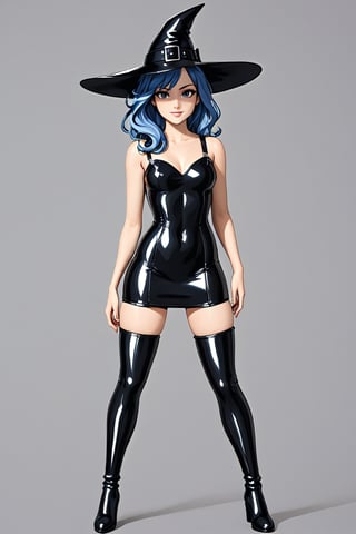 Young woman, dressed as a witch, wearing a short black latex dress split up the side, hat and thigh high boots, grey eyes, blue hair, pictured against a grey smokey background, band_bodysuit