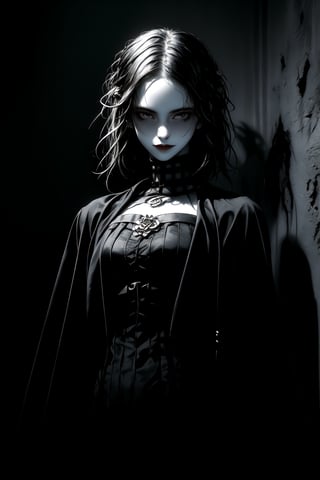 A gothic style portrait of a beautiful woman, clad in all-encompassing black attire, stands stoic amidst a somber, mysterious backdrop. Shadows dance across her pale complexion as she smiles menacingly at the viewer, the foreboding lighting accentuating the severity of her expression. The atmosphere is heavy with foreboding, as if secrets lurk in the darkness.