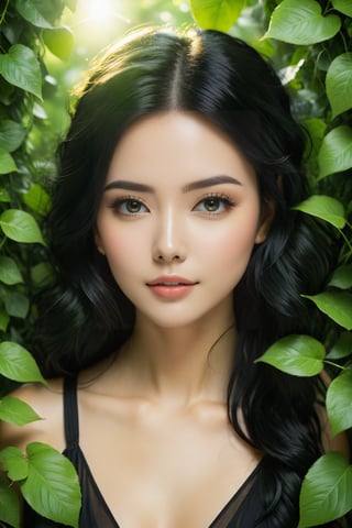 A young woman with piercing green cat-like eyes and chin-length, jet-black hair sits amidst a lush, verdant backdrop. Leaves and vines wrap around her, as if embracing her. The soft focus and warm lighting accentuate the subject's serene expression.