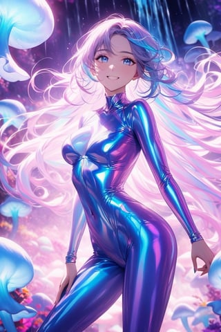 An athletic young woman, her toned physique on full display, dances through a whimsical garden of bioluminescent fungi. Her wild iridescent hair spirals and cascades like a waterfall of light, while her lithe body is encased in a multi-colored iridescent latex bodysuit that shimmers and glows under the soft, ethereal light. The mystical psychedelic garden surrounding her is alive with an array of glowing fungi, their caps pulsing with a soft, otherworldly luminescence.  She turns to look directly at the viewer and give a slight smile