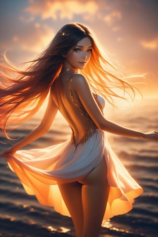 Masterpiece, photorealistic, cowboy shot. A serene sunset sky serves as the backdrop for this breathtaking portrait. A fire fairy girl, with vibrant, sparkly locks cascading down her back, beams at the viewer with a warm, inviting smile. Her delicate features are illuminated by the golden light of the setting sun. With arms outstretched and legs splayed, she appears to be dancing in mid-air amidst the wispy clouds, as if suspended in a state of carefree joy.